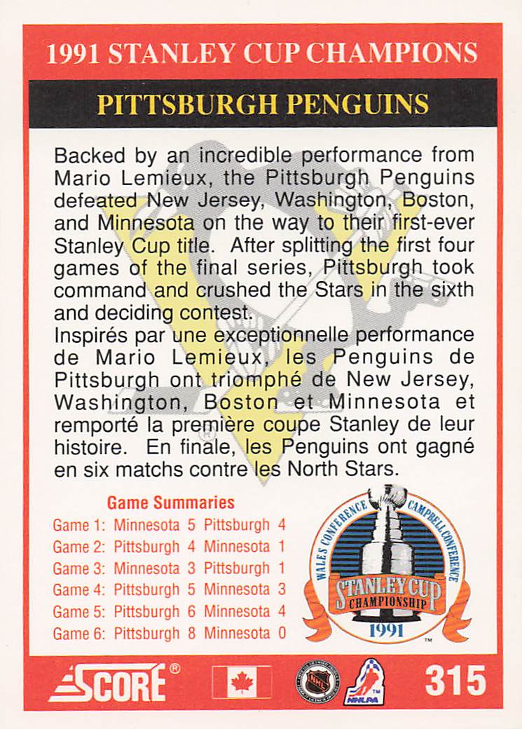 1991-92 Score Canadian English Hockey 1991 Stanley Cup Champions #315