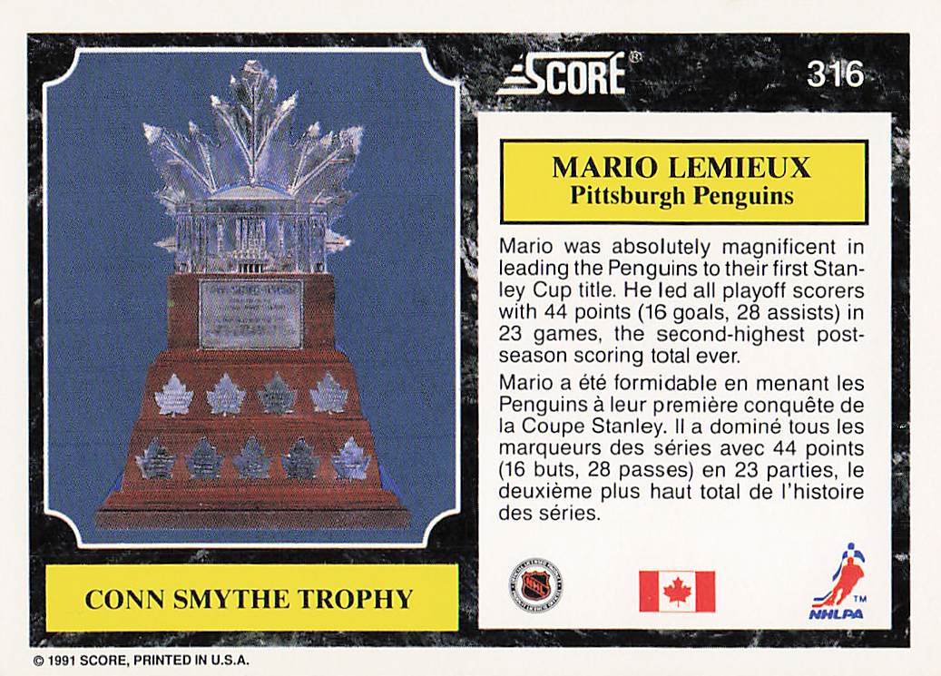 1991-92 Score Canadian English Hockey Mario Lemieux #316