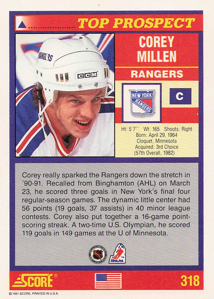 1991-92 Score American Hockey Corey Millen #318 Rookie