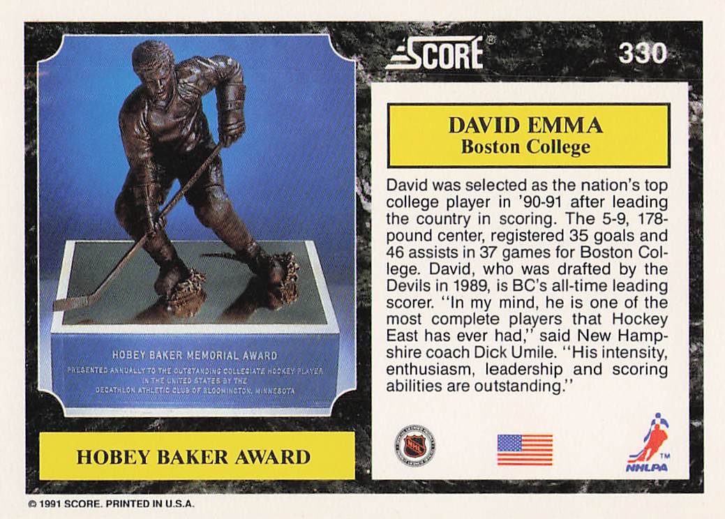 1991-92 Score American Hockey David Emma #330 Rookie