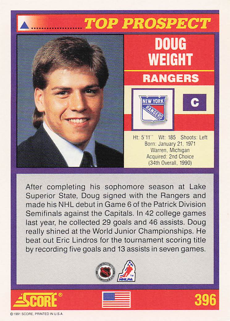 1991-92 Score Canadian English Hockey Doug Weight #286 Rookie