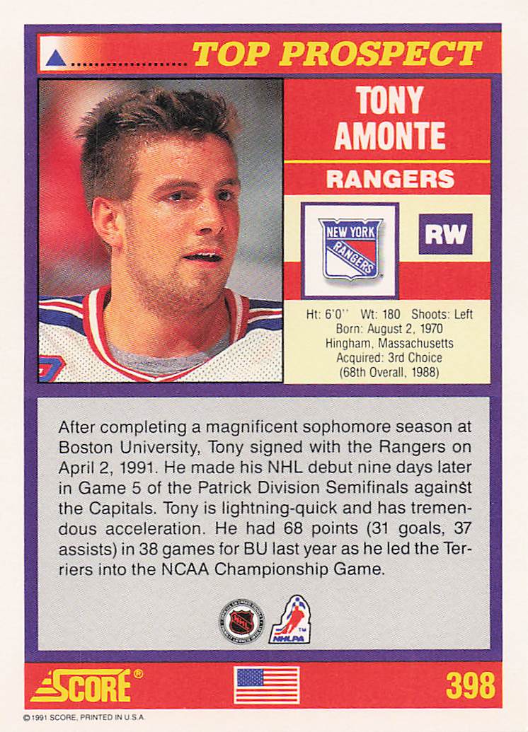 1991-92 Score Canadian English Hockey Tony Amonte #288 Rookie