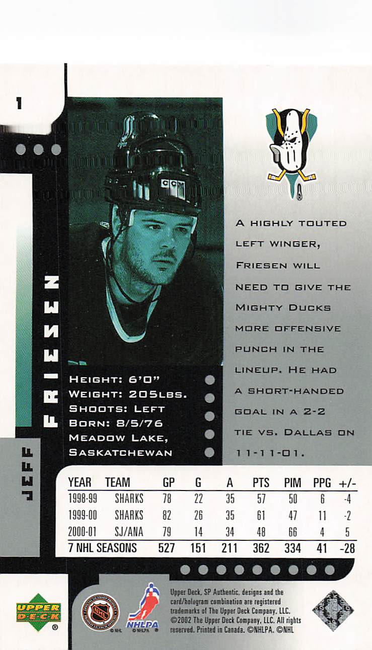 2001-02 SP Authentic Hockey Limited Jeff Friesen #1