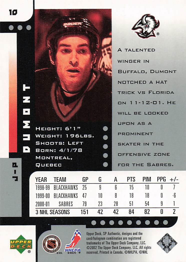 2001-02 SP Authentic Hockey J.P. Dumont #10