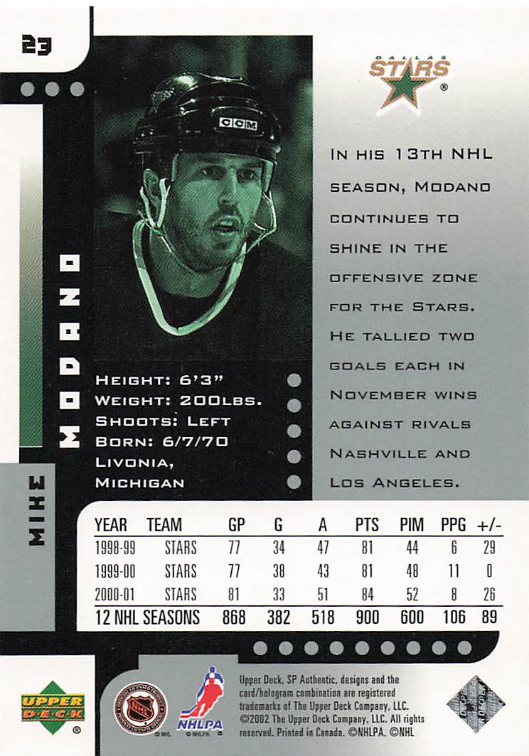 2001-02 SP Authentic Hockey Mike Modano #23