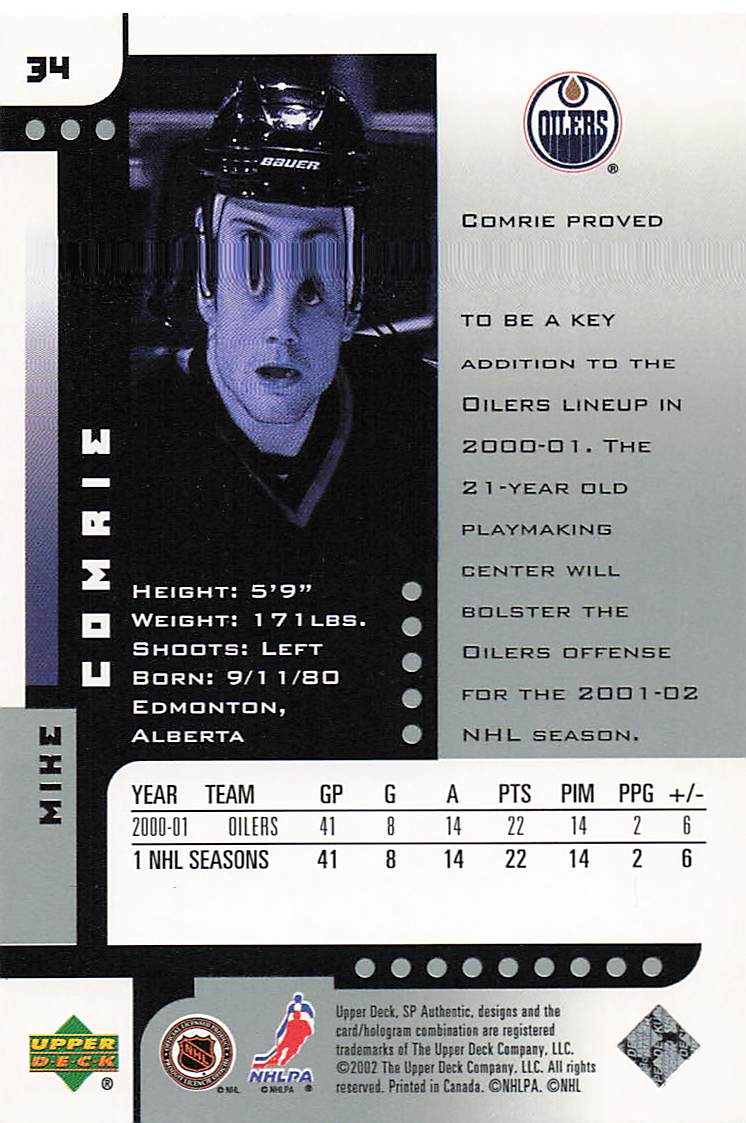 2001-02 SP Authentic Hockey Mike Comrie #34