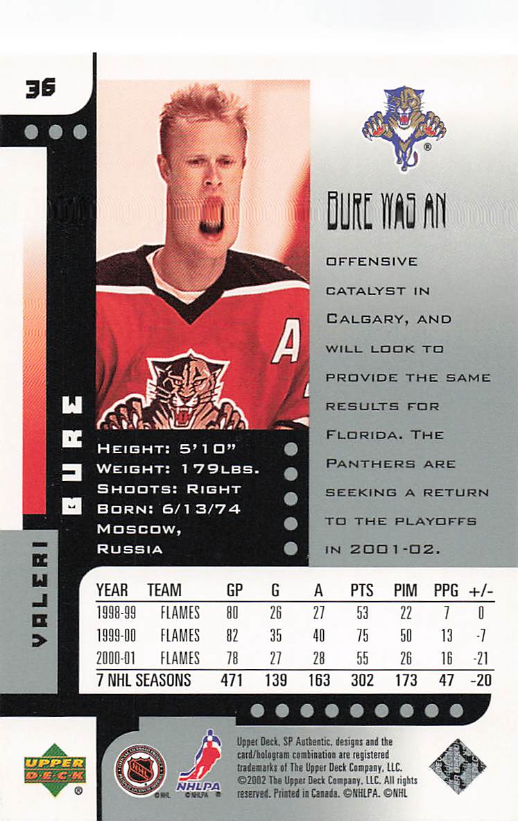 2001-02 SP Authentic Hockey Valeri Bure #36