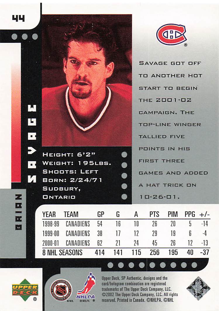 2001-02 SP Authentic Hockey Brian Savage #44