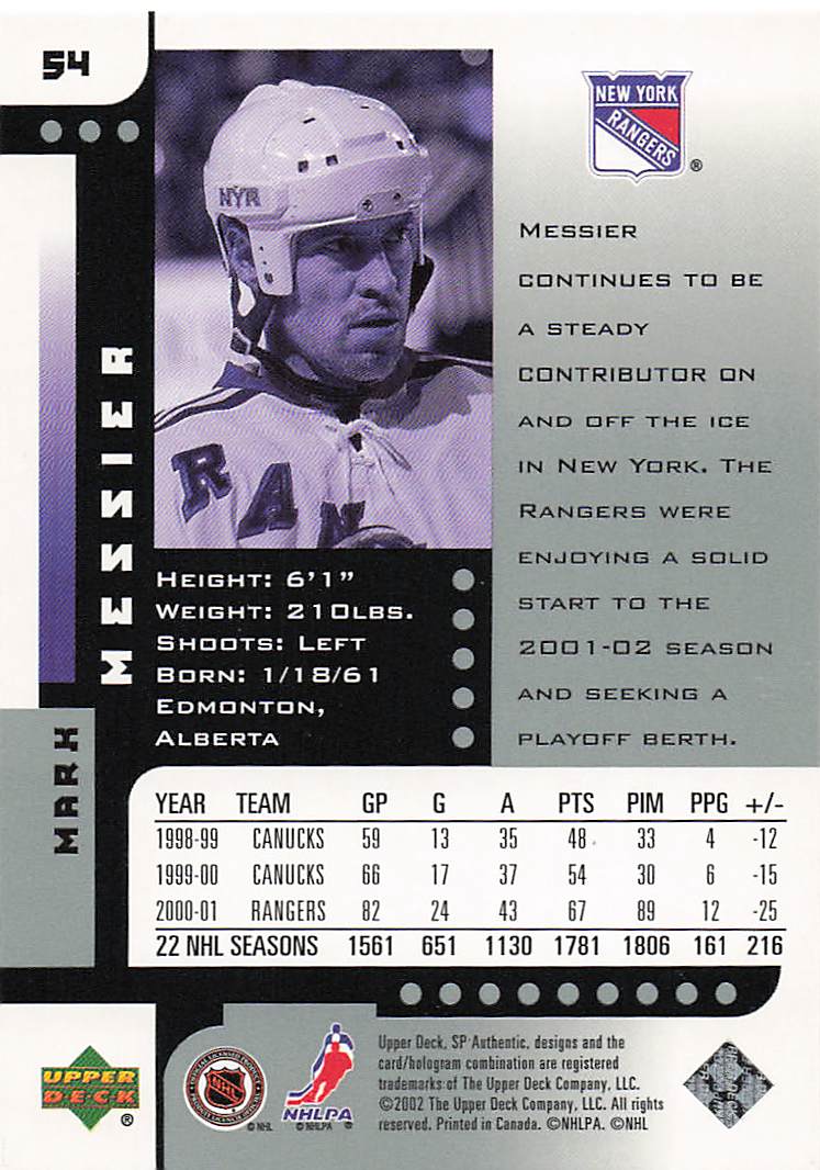 2001-02 SP Authentic Hockey Mark Messier #54