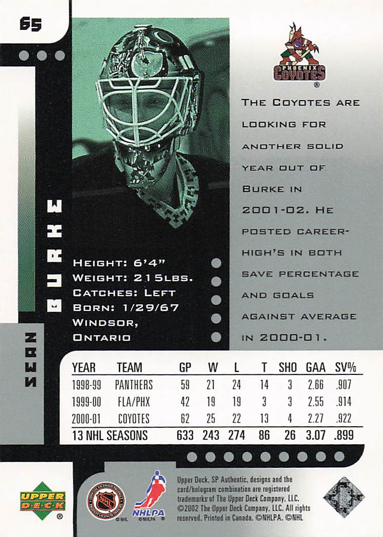 2001-02 SP Authentic Hockey Sean Burke #65