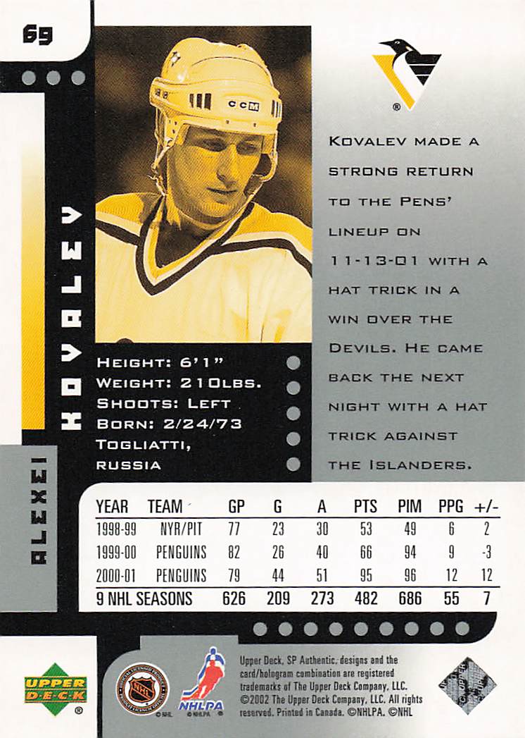 2001-02 SP Authentic Hockey Alex Kovalev #69