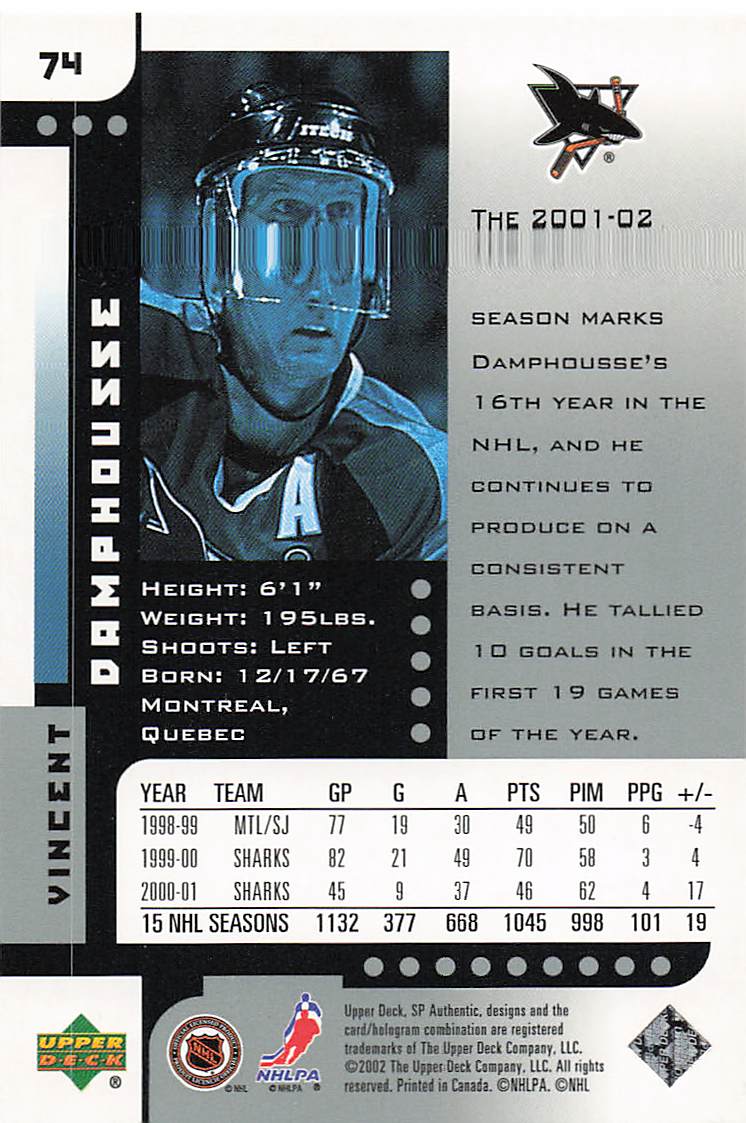 2001-02 SP Authentic Hockey Vincent Damphousse #74
