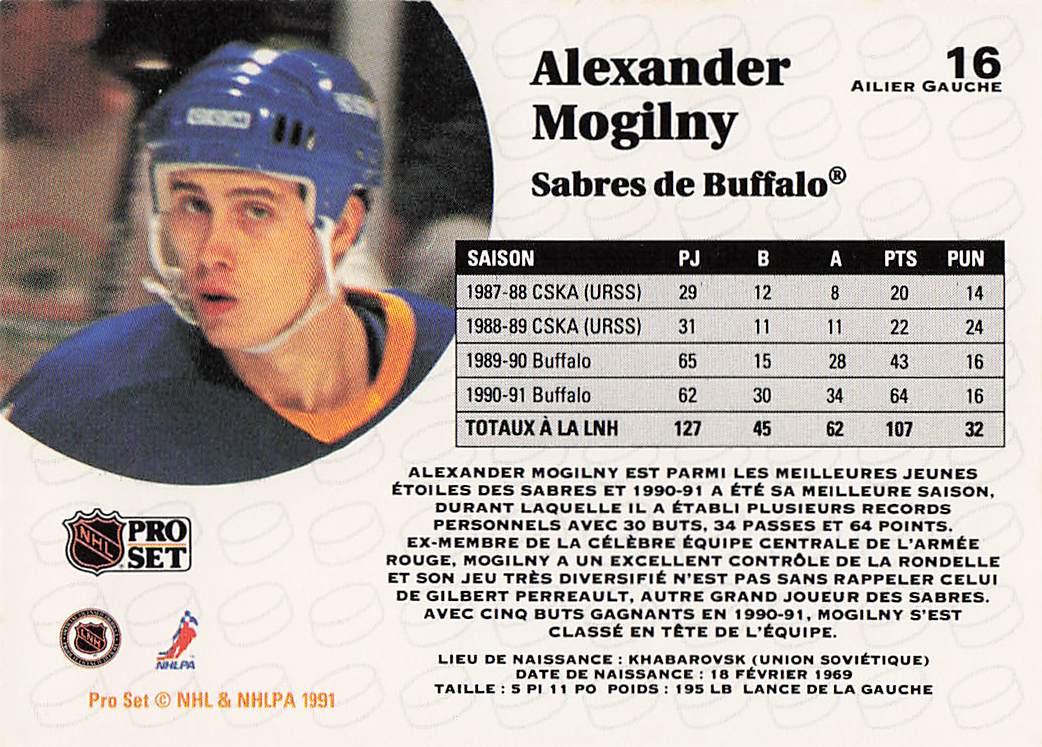 1991-92 Pro Set Hockey Alexander Mogilny #16