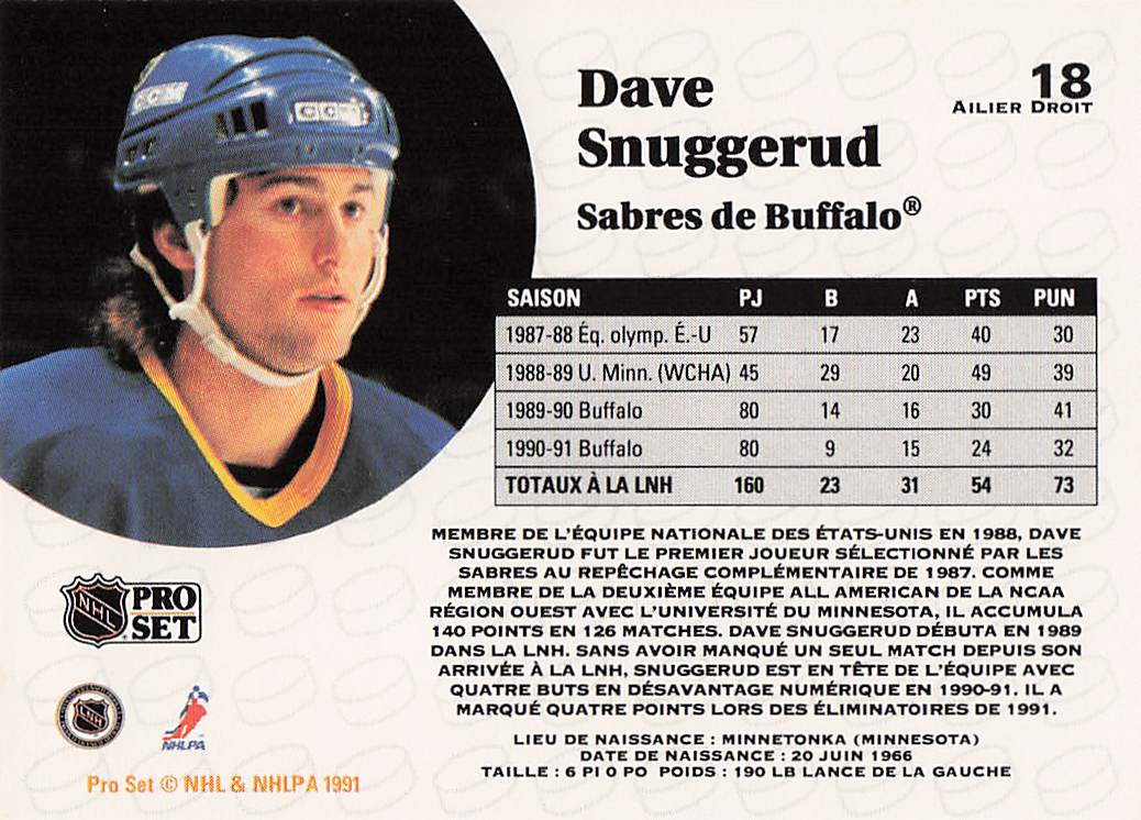 1991-92 Pro Set French Hockey Dave Snuggerud #18