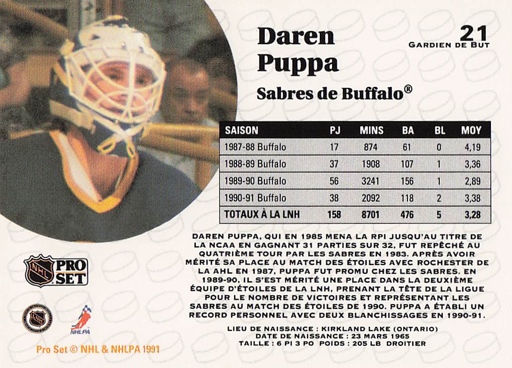 1991-92 Pro Set Hockey Daren Puppa #21