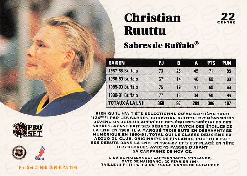 1991-92 Pro Set French Hockey Christian Ruuttu #22