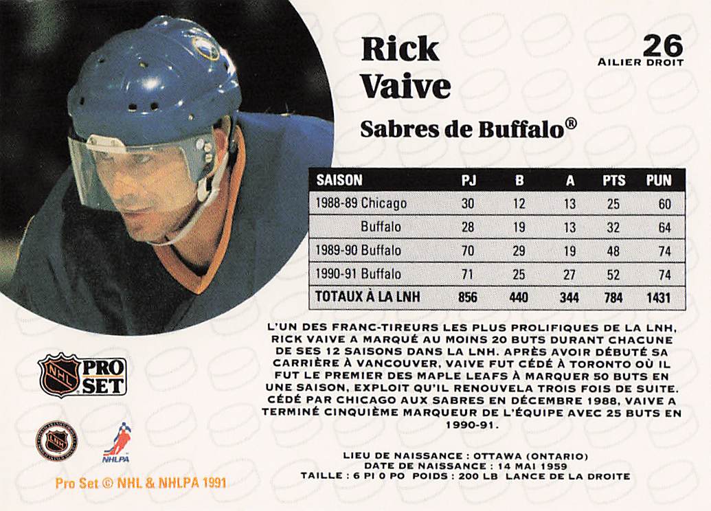 1991-92 Pro Set French Hockey Rick Vaive #26