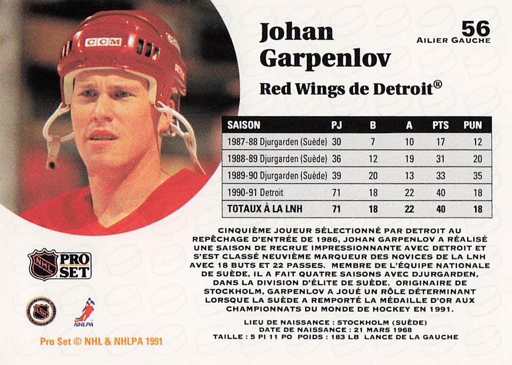 1991-92 Pro Set French Hockey Johan Garpenlov #56