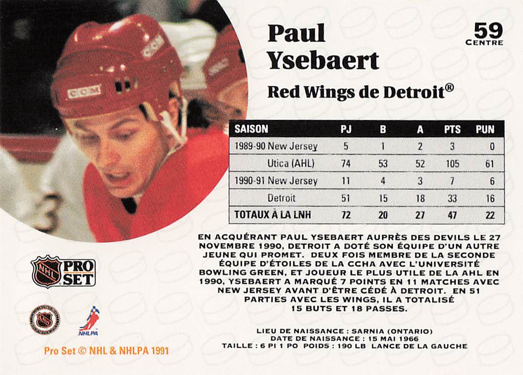 1991-92 Pro Set French Hockey Paul Ysebaert #59