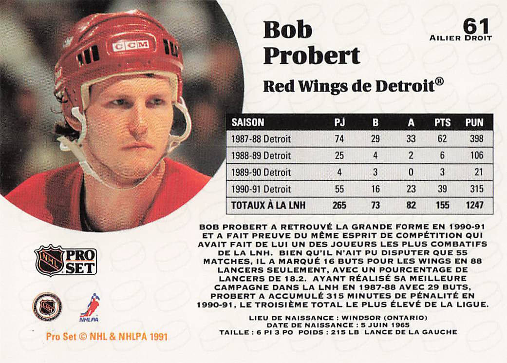 1991-92 Pro Set French Hockey Bob Probert #61