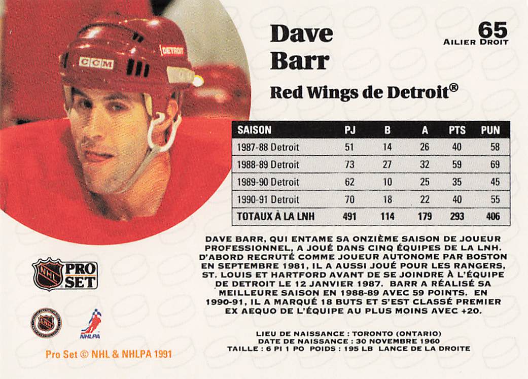 1991-92 Pro Set Hockey Dave Barr #65