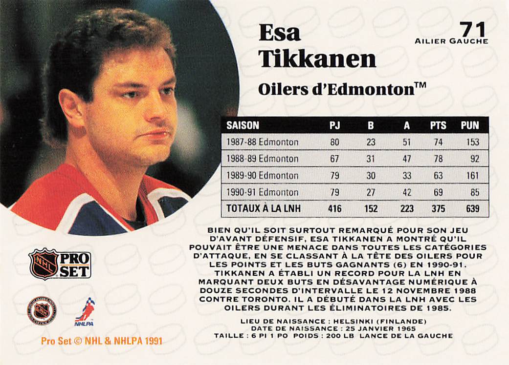1991-92 Pro Set Hockey Esa Tikkanen #AC14