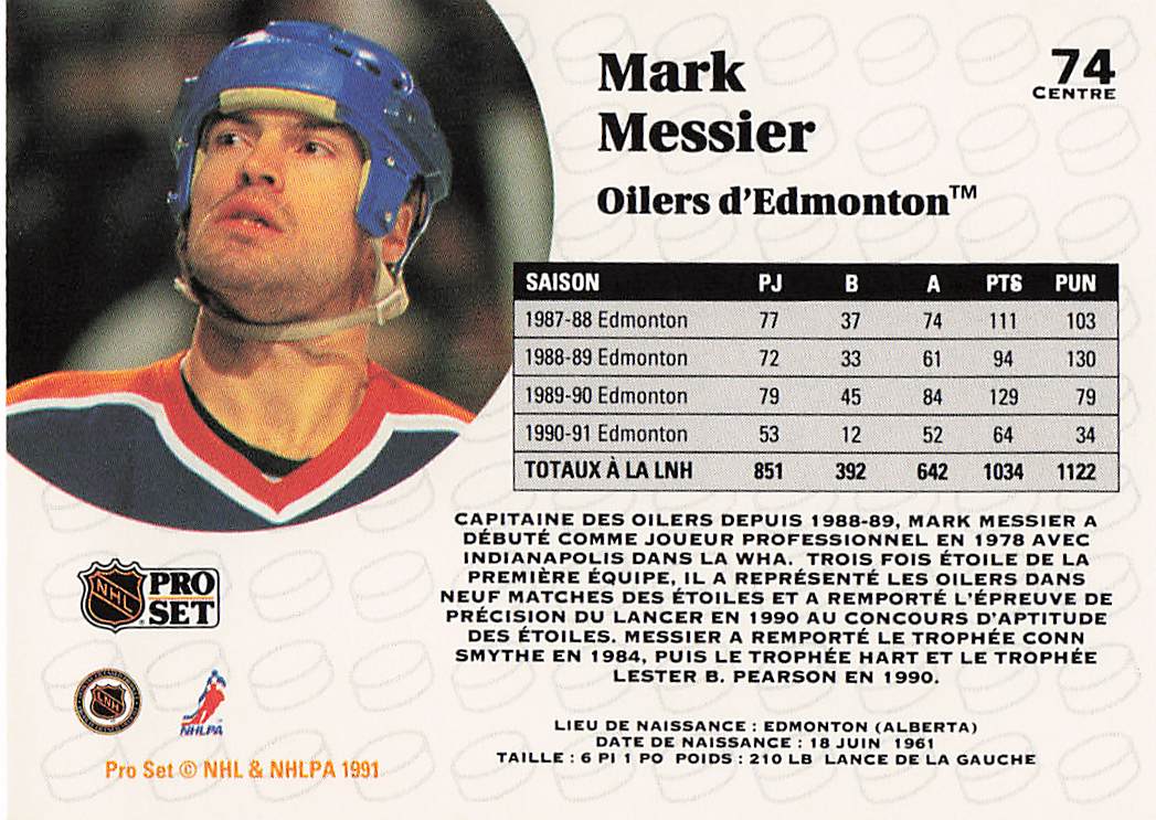 1991-92 Pro Set French Hockey Mark Messier #74