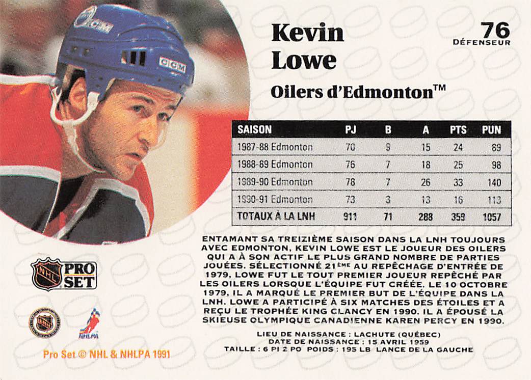 1991-92 Pro Set French Hockey Kevin Lowe #76