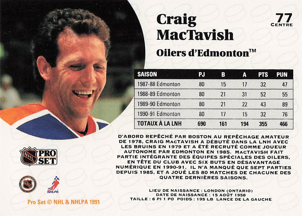 1991-92 Pro Set Hockey Craig MacTavish #77