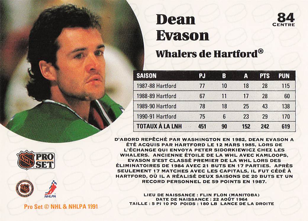 1991-92 Pro Set French Hockey Dean Evason #84