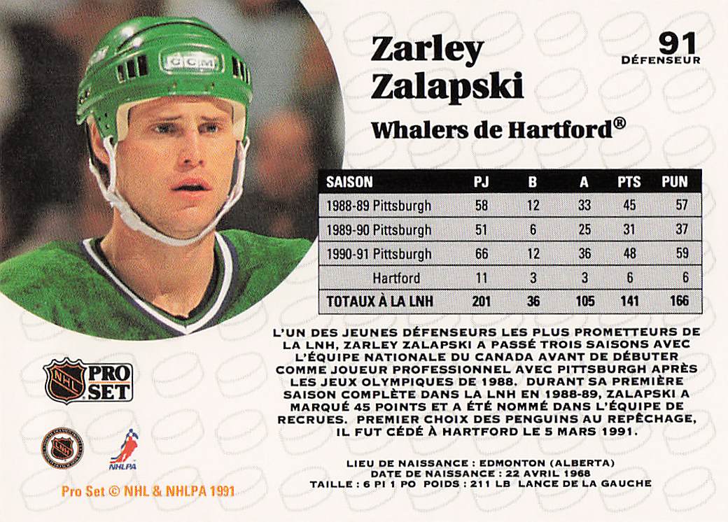 1991-92 Pro Set French Hockey Zarley Zalapski #91