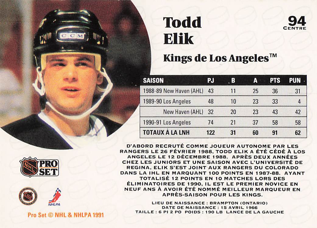1991-92 Pro Set French Hockey Todd Elik #94