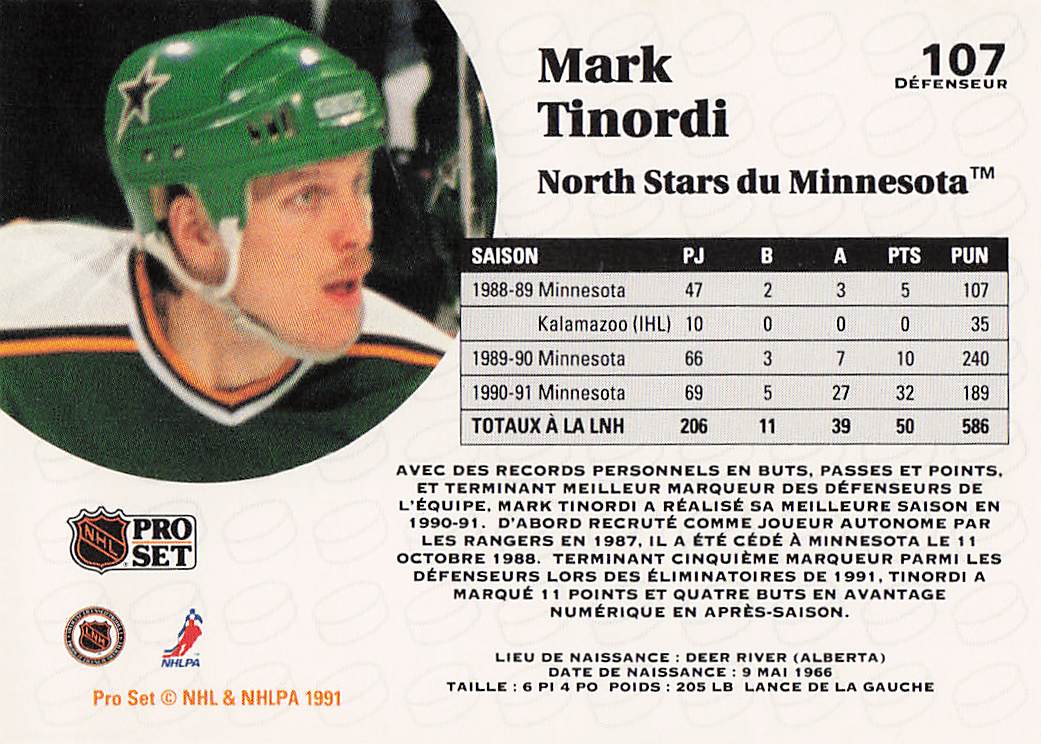 1991-92 Pro Set French Hockey Mark Tinordi #107