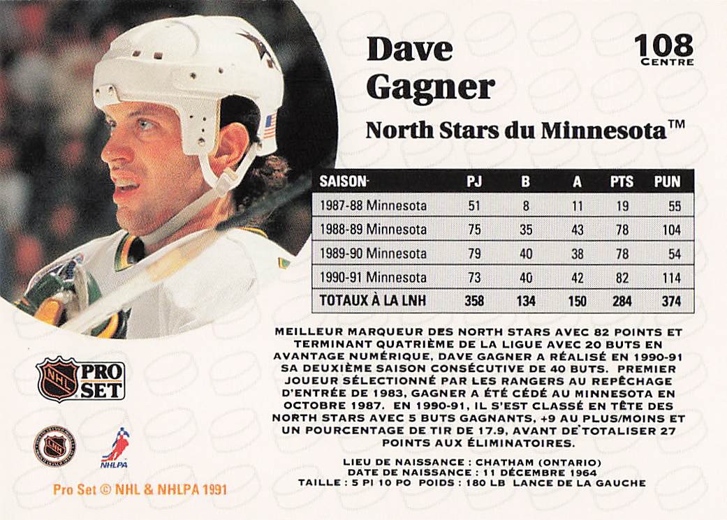 1991-92 Pro Set French Hockey Dave Gagner #108