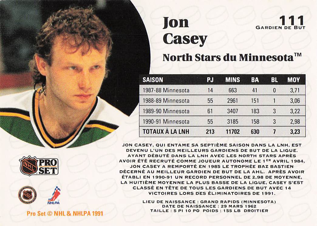 1991-92 Pro Set Hockey Jon Casey #111