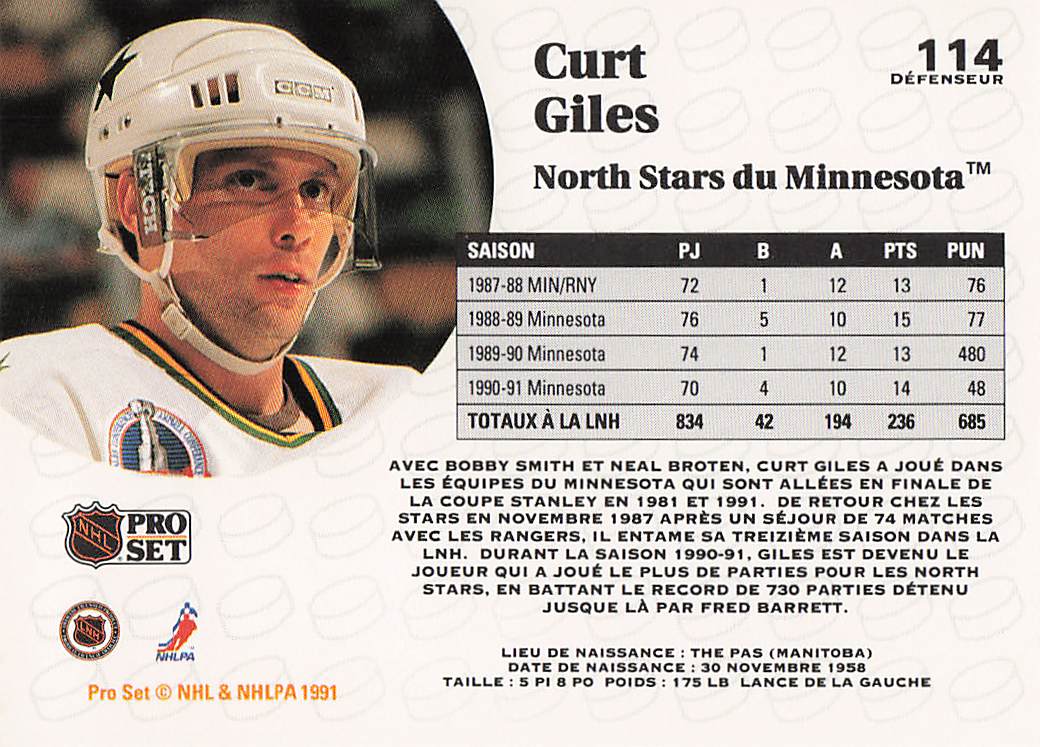 1991-92 Pro Set French Hockey Curt Giles #114
