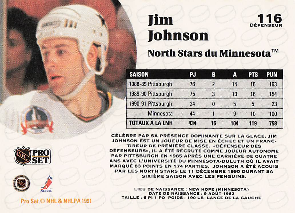 1991-92 Pro Set Hockey Jim Johnson #116