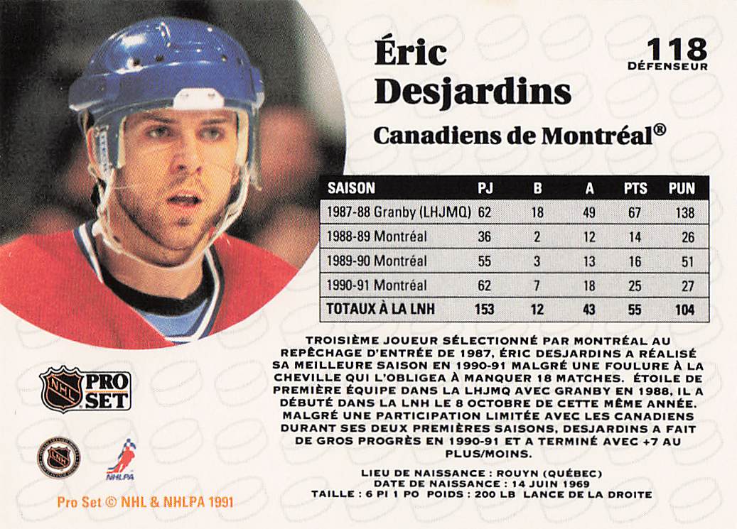 1991-92 Pro Set Hockey Eric Desjardins #118