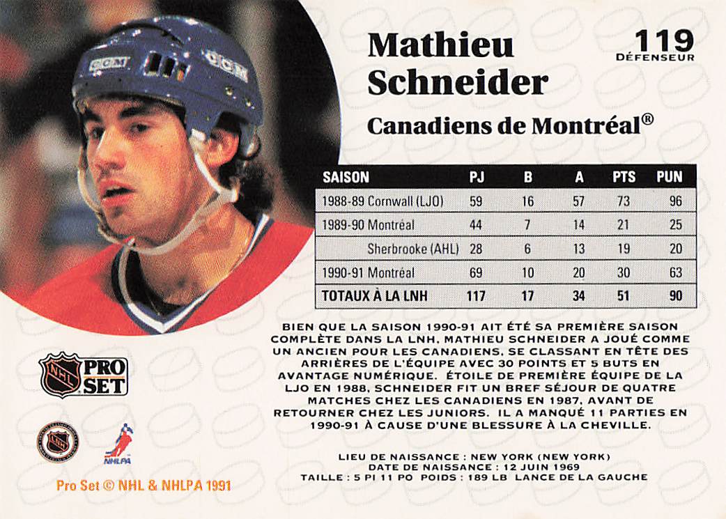 1991-92 Pro Set French Hockey Mathieu Schneider #119