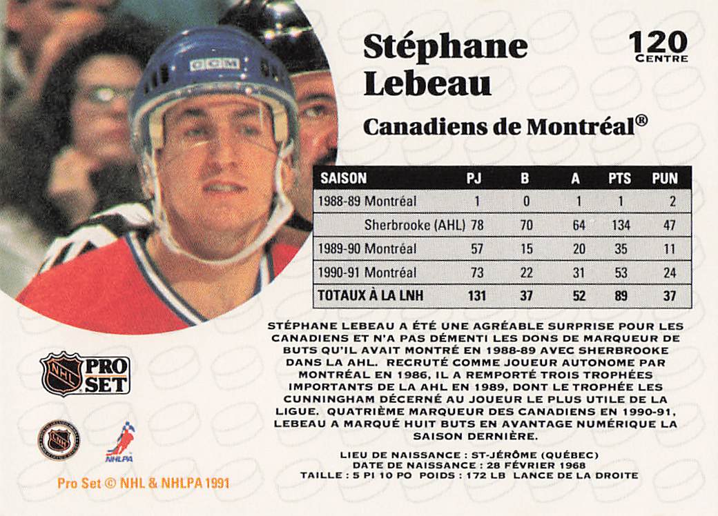 1991-92 Pro Set Hockey Stephan Lebeau #120