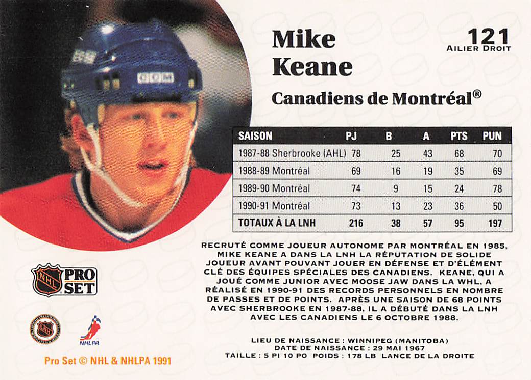 1991-92 Pro Set French Hockey Mike Keane #121