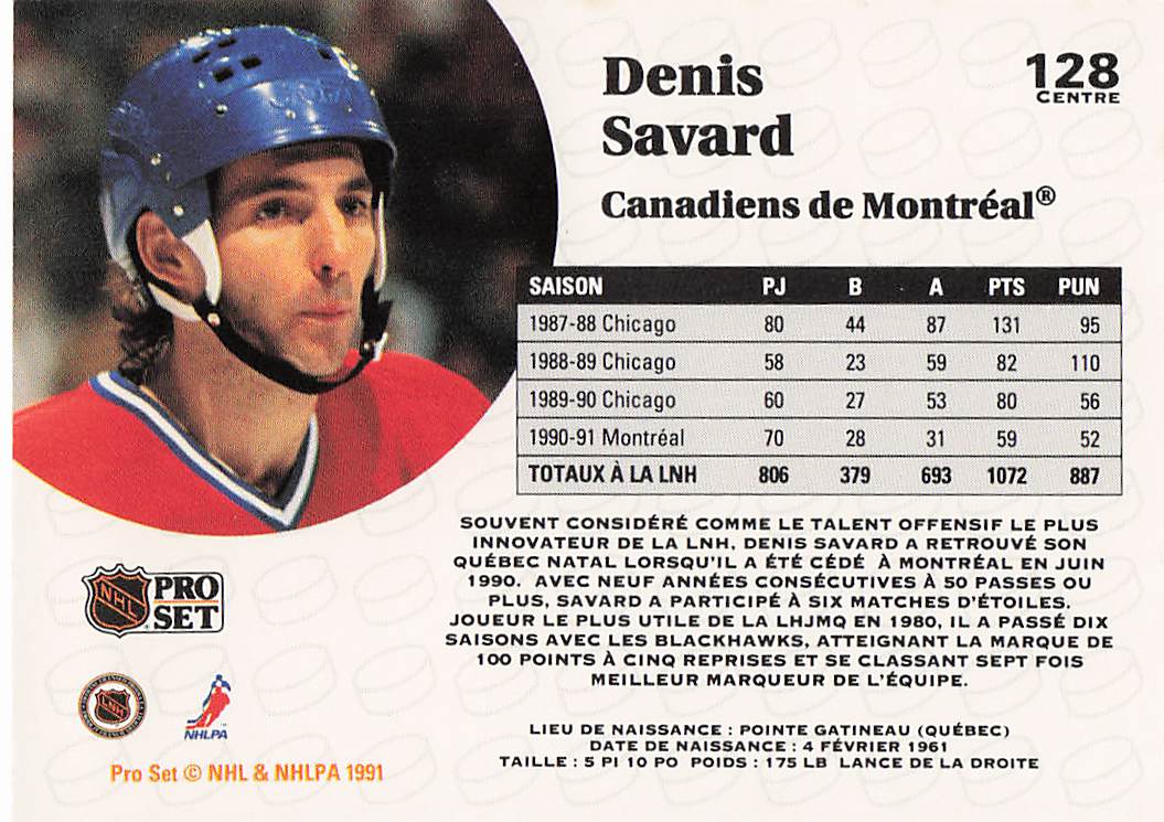 1991-92 Pro Set French Hockey Denis Savard #128
