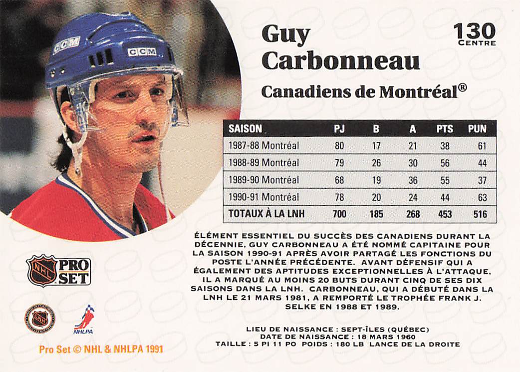 1991-92 Pro Set Hockey Guy Carbonneau #130
