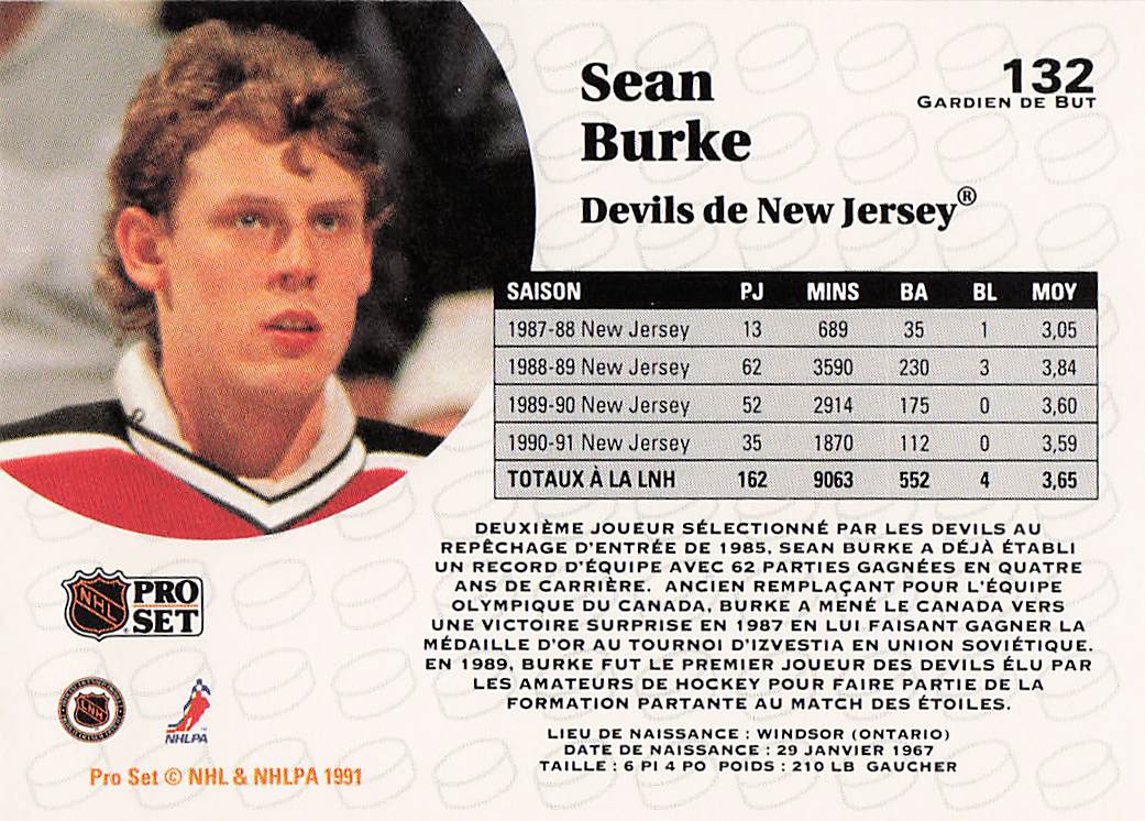 1991-92 Pro Set Hockey Sean Burke #132