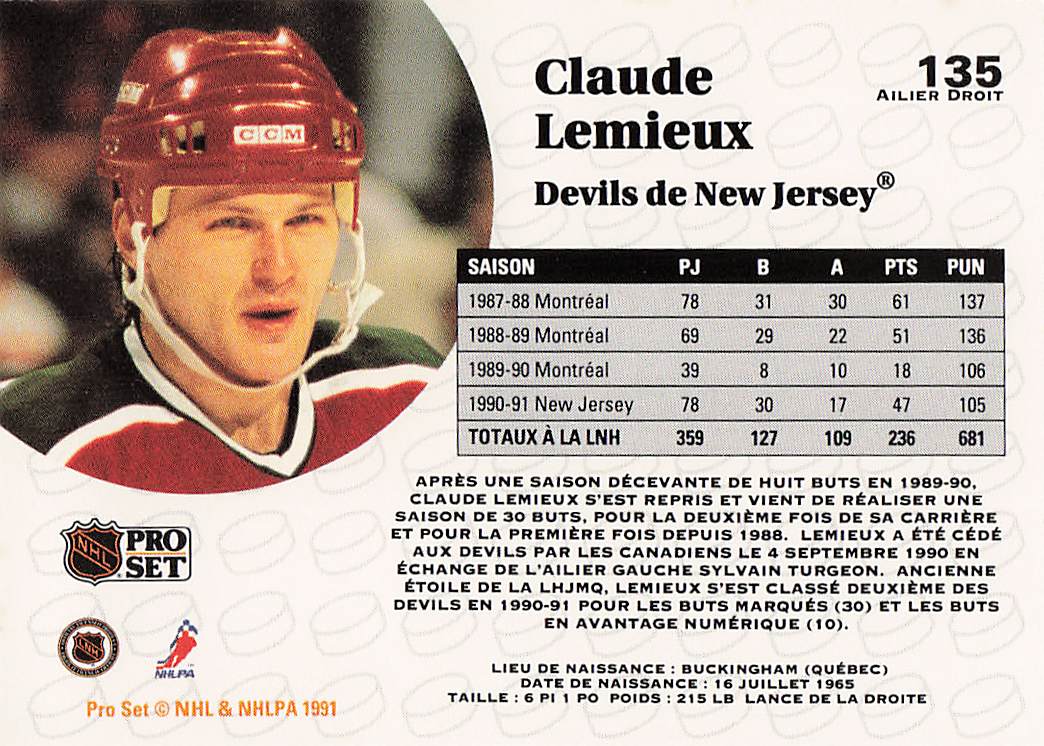 1991-92 Pro Set Hockey Claude Lemieux #135
