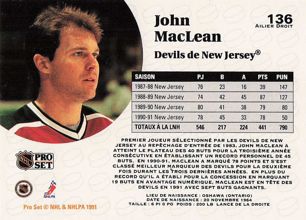 1991-92 Pro Set Hockey John MacLean #136