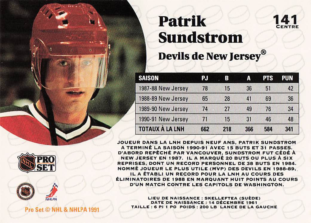 1991-92 Pro Set Hockey Patrik Sundstrom #141