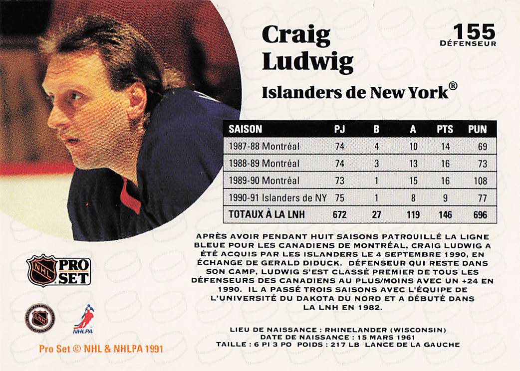 1991-92 Pro Set Hockey Craig Ludwig #155