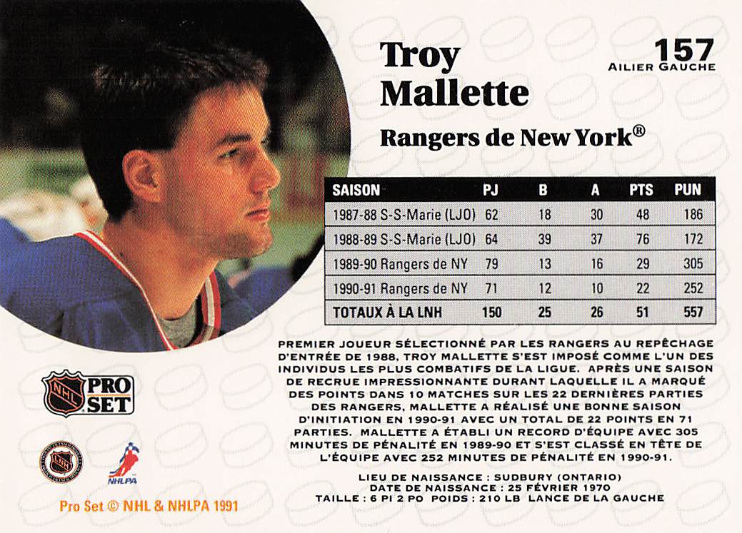 1991-92 Pro Set Hockey Troy Mallette #157