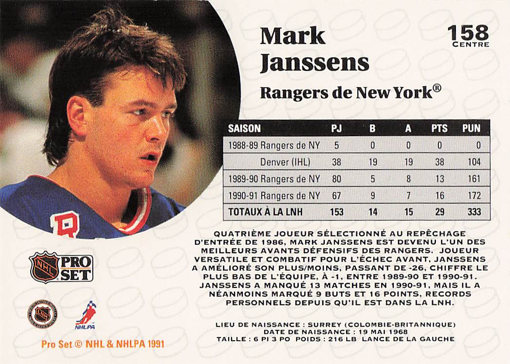 1991-92 Pro Set Hockey Mark Janssens #158